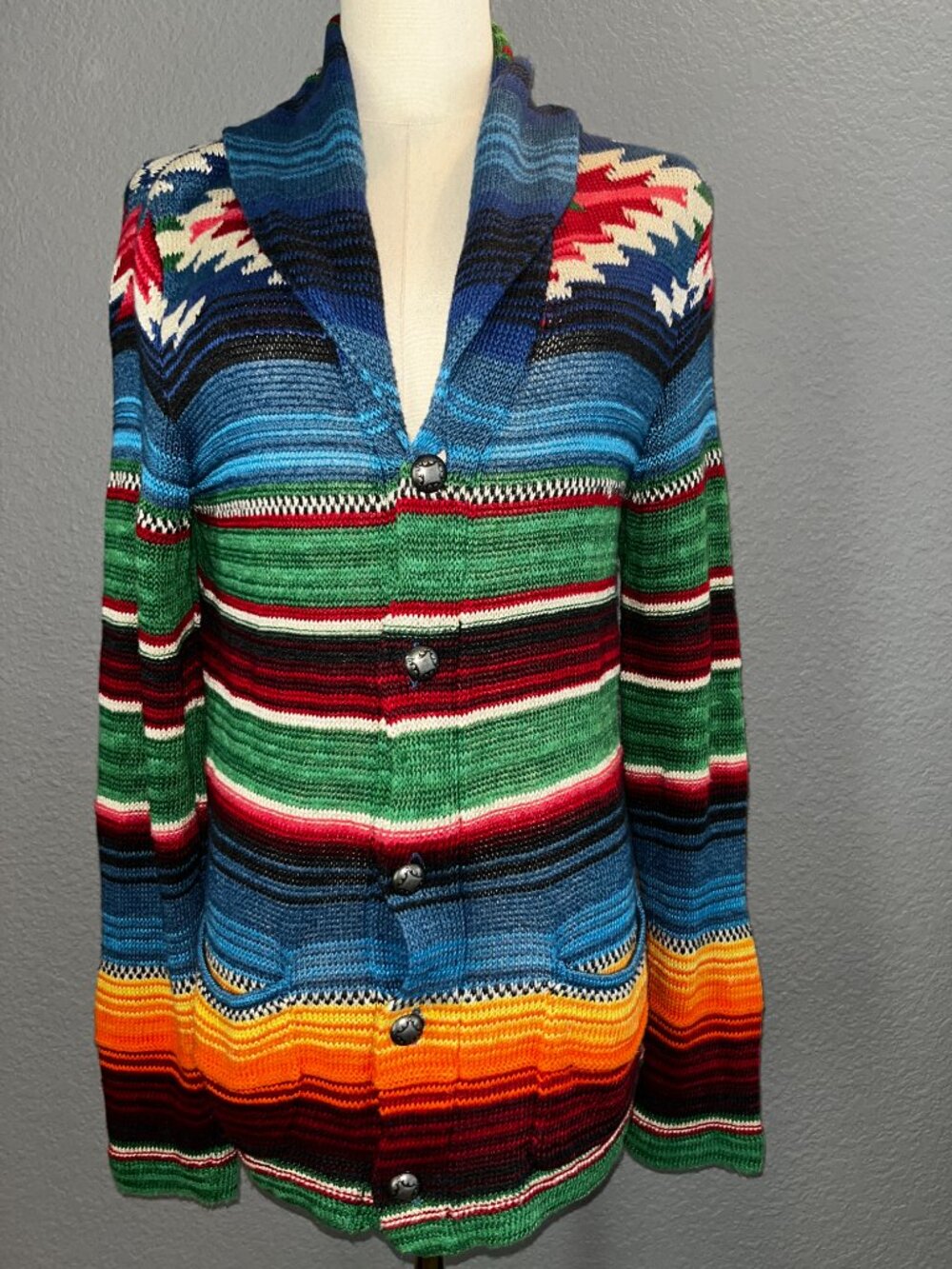 90's Polo Ralph Lauren Southwestern Serape Aztec Cardigan Linen Blend Sweater S
